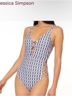 Jessica Simpson Navy and White Patterned One-Piece Swimsuit size L